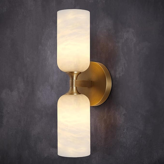 Alabaster Wall Sconce 14in Modern Spanish Natural Marble Bathroom Vanity Sconces, Antique Brass Sconces Wall Lighting, Gold Wall Light Fixtures Decor, for Bedroom Living Room Staircases Hallway