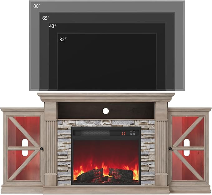 QUW Electric Fireplace TV Stand, 70" Farmhouse Entertainment Center with Open Shelf and Glass Barn Door Cabniet, Modern TV Console Table with 7 Flame Colors for Living Room, Grey