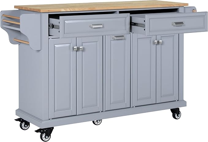 Cambridge Mobile Kitchen Island on Wheels with Storage and Wood top, Rolling Island with Spice Rack and Towel Holder, L60.5 x W18.13 x H36.75IN Island Table for Kitchen, (Grey)