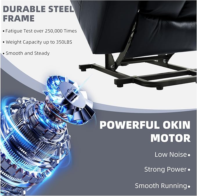 Power Lift Recliner Chair for Elderly, Electric Recliner Chairs for Adults with Massage and Heat, Cup Holders, Remote Control, USB Ports, Side Pockets, Leather (Ink Black) ﻿