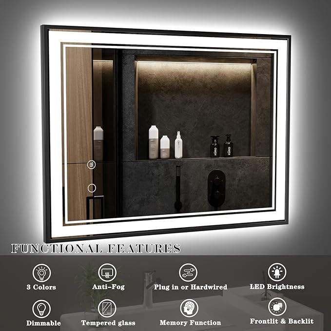 40" x 30" LED Bathroom Mirror with Lights Framed LED Mirror for Bathroom Backlit and Front Lighted Bathroom Mirror Black Square Aluminum Frame Anti-Fog Dimmable Shatter-Proof Memory