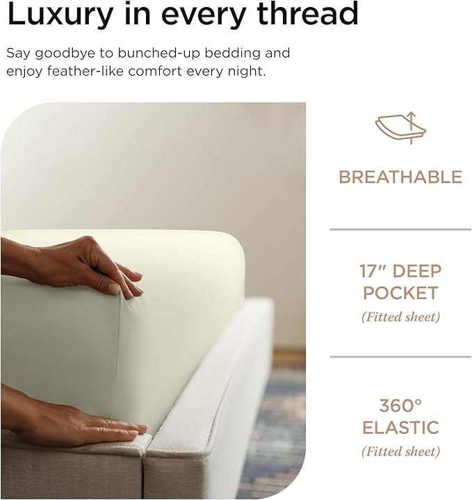 Threadmill Supima Cotton Sheets - King, 1000 Thread Count, 4 Piece Luxury Bed Sheets Set, Hotel Quality Sateen Weave, Ivory with Elasticized Deep Pocket