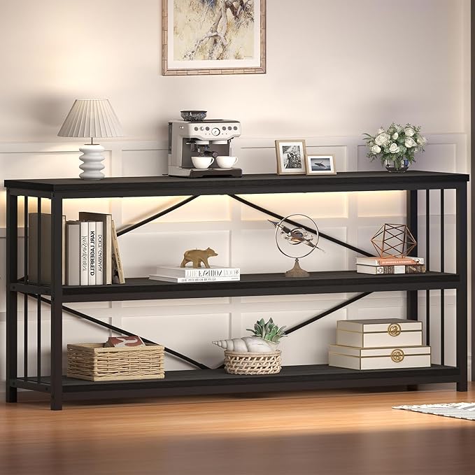 HSH Long Bookcase, Wood Metal Large Low Horizontal Book Shelf for Bedroom, Modern Open 3 Tier Etagere Bookshelf with Storage, Under Window Bookshelves for Home Office Living Room, Dark Gray, 70 Inch