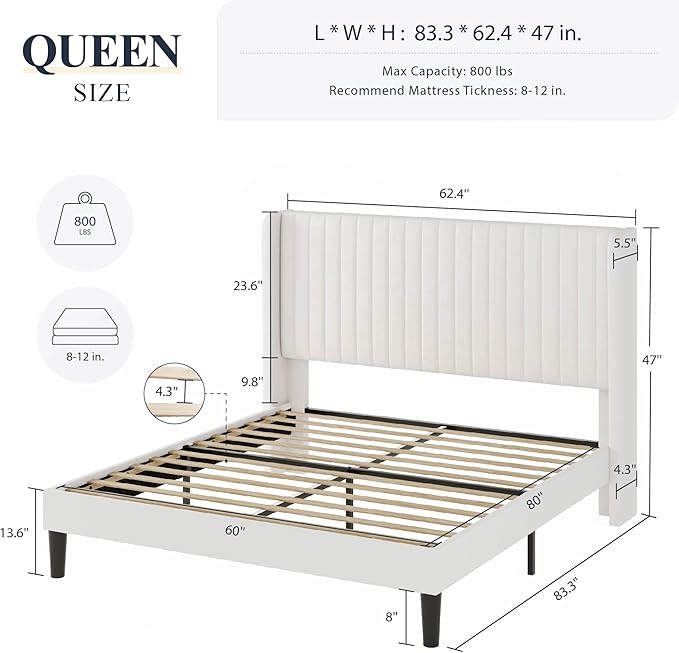 Allewie Queen Size Velvet Bed Frame/Vertical Channel Tufted Wingback Headboard/Upholstered Platform Bed/Strong Wooden Slats/No Box Spring Needed/Easy Assembly/White