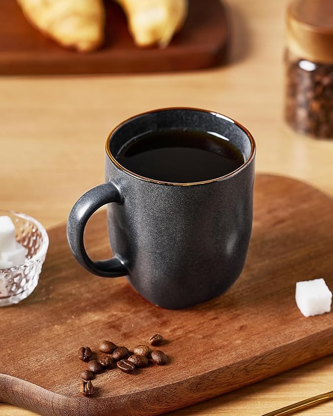 famiware Coffee Mugs Set of 6, Ocean Square 13oz Coffee Cup Set with Handle for Cocoa, Milk, Hot Chocolate, Tea, Water, Stoneware Cups for Kitchen, Microwave and Dishwasher Safe, Matte Black