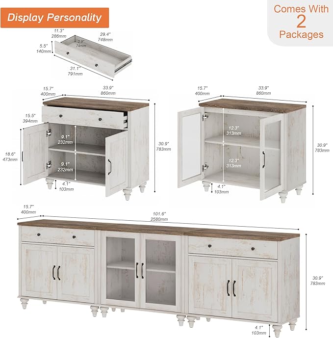 WAMPAT Farmhouse TV Stand for 100 Inch TV, 3-in-1 TV Console Table for 75/80/85/90 Inch TV, Entertainment Center with Glass & Wood Door, Kitchen Sideboard Buffet Cabinet for Living Room, Rustic White