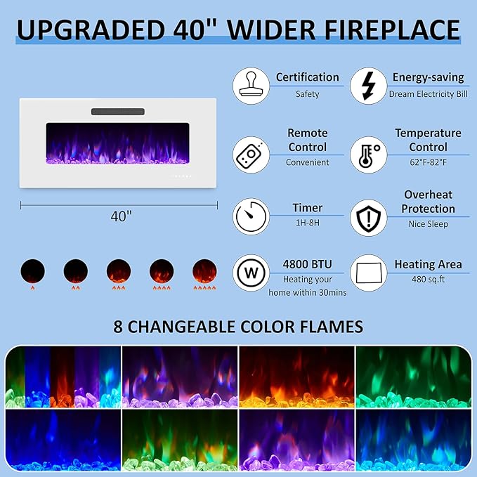 68" Modern Fireplace TV Stand for TVs up to 75", High Gloss Entertainment Center with 40" Fireplace, 4 Shelves & Storage Cabinets, Media Console Table, All Gloss White