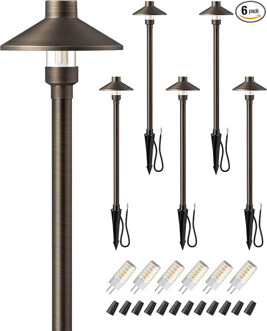 EDISHINE Solid Brass Low Voltage Landscape Lighting, 22" Tall 6" Shade w/ G4 Bulb, 6Pack 12V 350LM Heavy Duty Outdoor Landscape Path Light, Waterproof Bronze LED Pathway Lights Wired with Large Stake