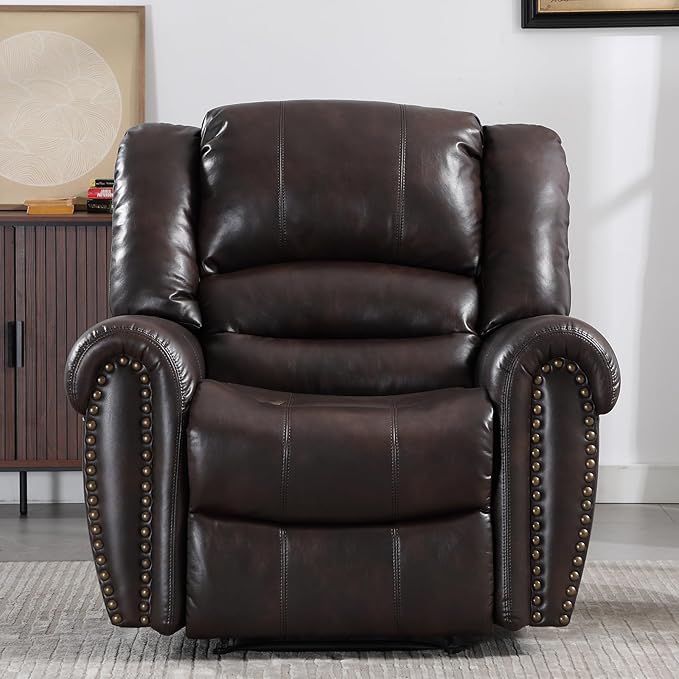 CANMOV Leather Recliner Chair, Classic and Traditional Manual Recliner Chair with Comfortable Arms and Back Single Sofa for Living Room, Dark Brown