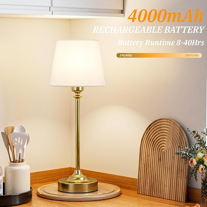 Cordless Table Lamp Rechargeable Gold - 1 Pack Brass 4000mAH Battery Operated Lamp for Decor, 3000K Stepless Dimming Touch Control Wireless Lamp for Bedroom, Dining Table, Counter, Living Room