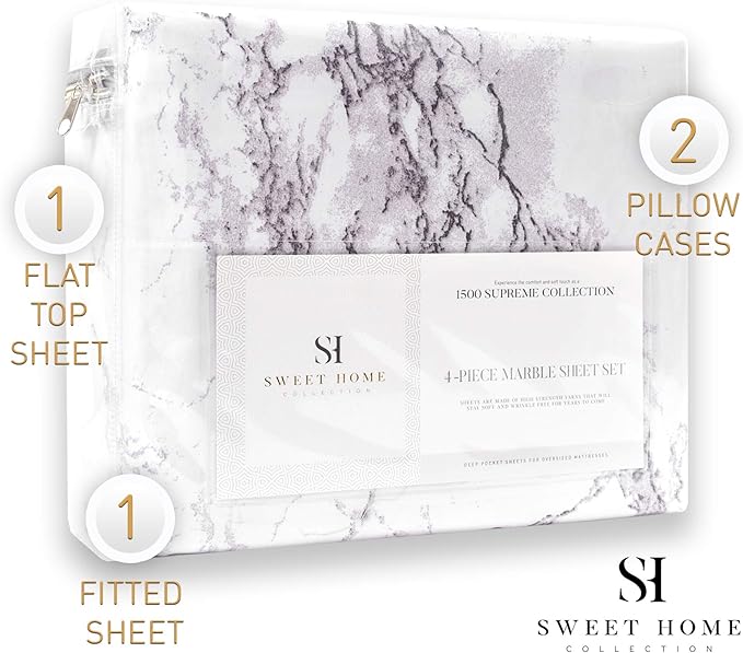 1500 Supreme Collection Extra Soft Marble Print 4-Piece Sheet Set- Luxury Bed Sheets Set with Deep Pocket Wrinkle Free Bedding, California King Size