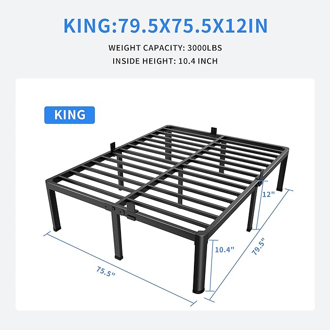 MAF 12 Inch King Metal Platform Bed Frame with Round Corner Legs, Mattress Slide Stopper, 3000 LBS Heavy Duty Steel Slats Support, No Box Spring Needed, Noise Free