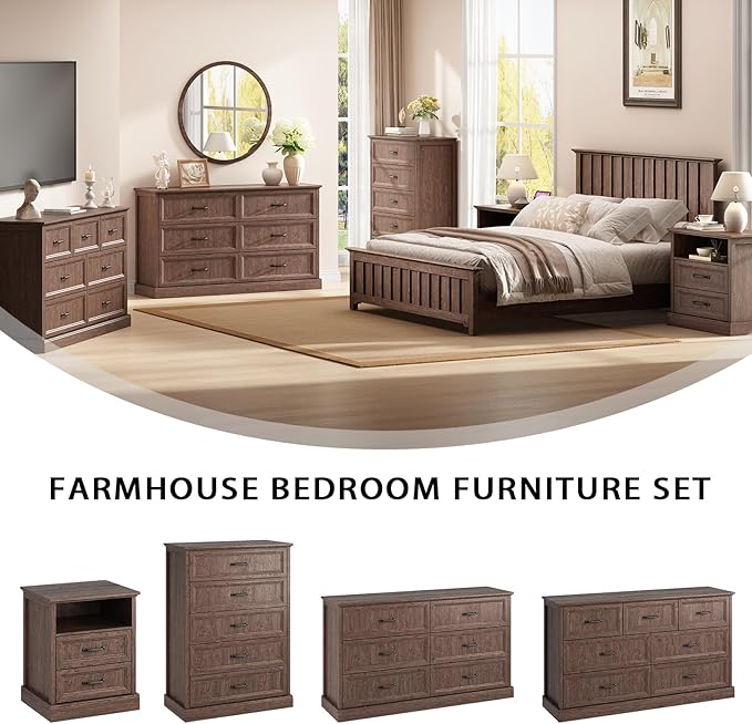 Farmhouse 7 Drawer Dresser for Bedroom, 55 Inch Wide Modern Brown Dresser TV Stand with Large Drawers & Bar Handles, Rustic Wood Chest of Drawers for Bedroom, Living Room, Hallway, Entryway.