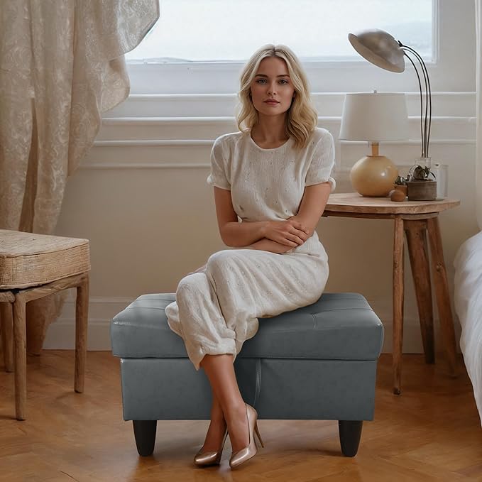 Ottoman Rectangular Storage Ottoman Bench, Faux Leather Footrest, Coffee Table, Stool Footstool with Hinged Lid for Living Room, Bedroom, Entryway, Light Blue, 35"x23.5"x17.5"