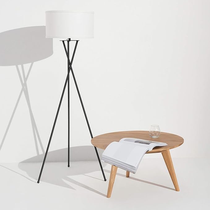 Brightech Jaxon LED Floor lamp, Modern Lamp for Living Rooms & Offices, Tall Lamp with Contemporary Drum Shade, Gold Tripod Standing Lamp for Bedroom Reading, Great Living Room Decor - Black