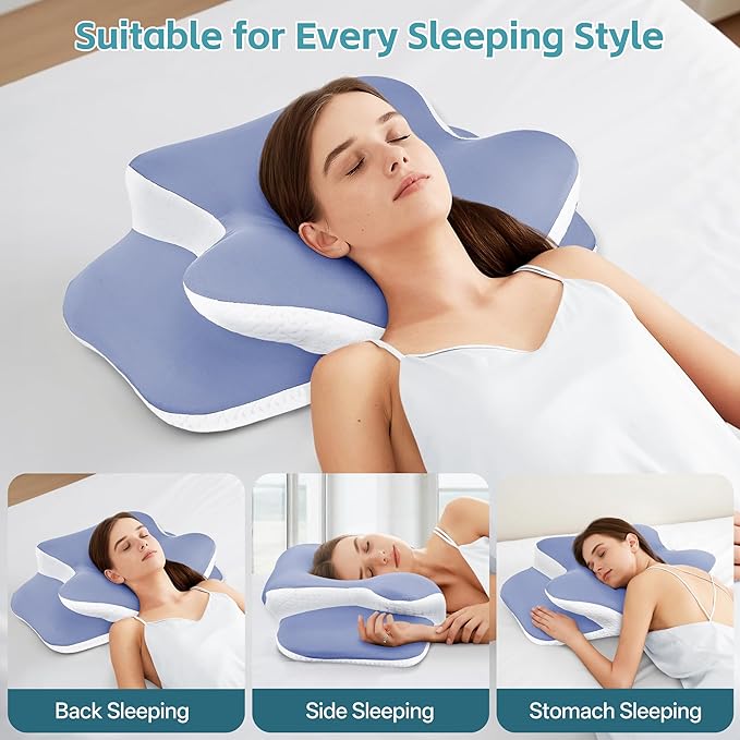 Cervical Neck Pillow for Neck Pain Relief & Support - Cooling Ergonomic Memory Foam Pillow with Dual-Height Contour & Ice Silk Cover for Side, Back, Stomach Sleepers, Blue