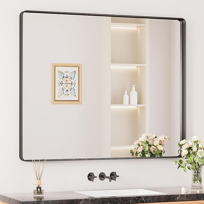 Keonjinn Black Bathroom Mirror for Over Sink, 42 x 36 Inch Large Rounded Rectangle Bathroom Vanity Mirror, Matte Black Farmhouse Wall Mirror, HD Tempered Glass, Seamless Aluminum Alloy Frame Mirror