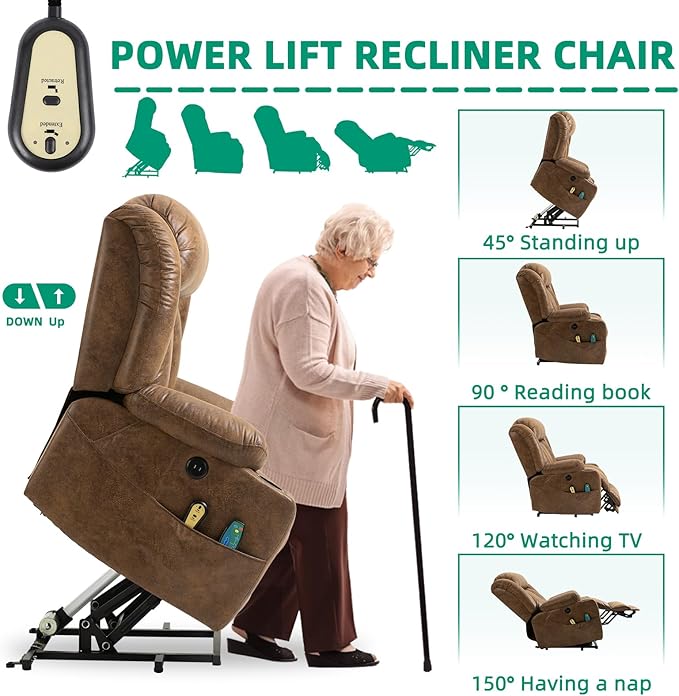 VIVIJASON Tall Man Large Power Lift Recliner Chair with Massage and Heat for Elderly, Overstuffed Wide Electric Lift Recliner with Extended Footrest, 2 Cup Holder, Side Pockets & USB Ports (Brown)