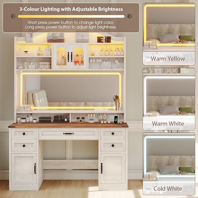 Farmhouse Makeup Vanity with Mirror and Lights 3 Colors, 76.8" Vanity Desk with 5 Drawer,Storage Cabinets,LED Light,Dressing Table with Power Outlets, Storage Shelves,Antique White