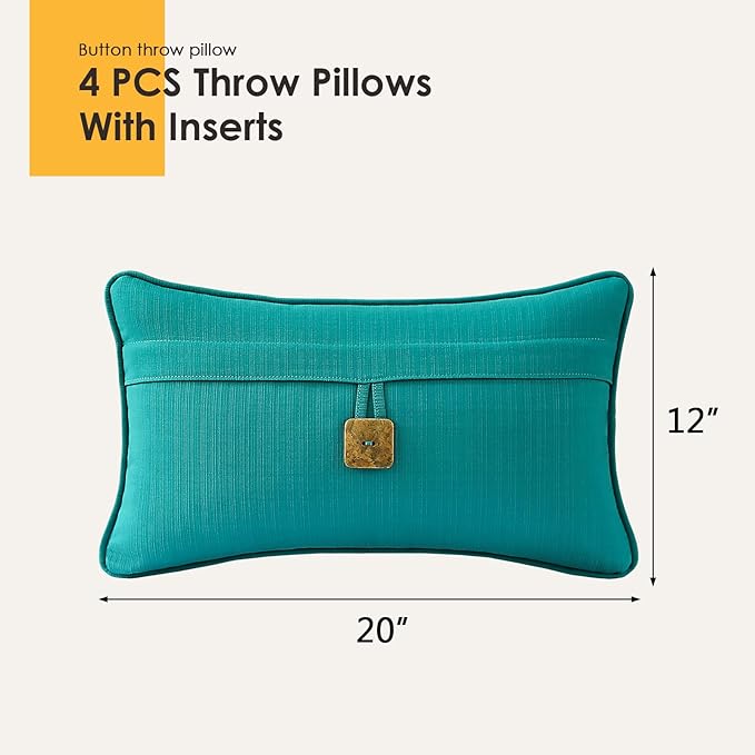 Outdoor Decorative Pillows with Coconut Button Pack of 4, 20" x 12" Outdoor Pillow Set for Couch Bed Throw Patio Sofa, Peacock Blue
