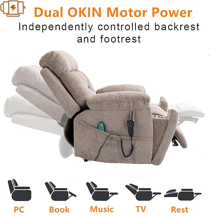 180 Degrees Lay Flat Recliner Chair with Heat and Massage and Cup Holder, Dual OKIN Motors Overstuffed Wide Lift Chairs Recliners for Elderly (Light Brown)