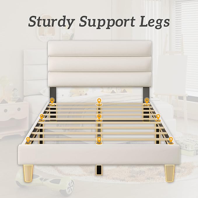 Twin Bed Frame, Platform Bed Frame with Velvet Upholstered Headboard, No Box Spring Needed, Sturdy Metal Support, Noise Free, Easy Assembly, Modern Bedroom Furniture, Beige