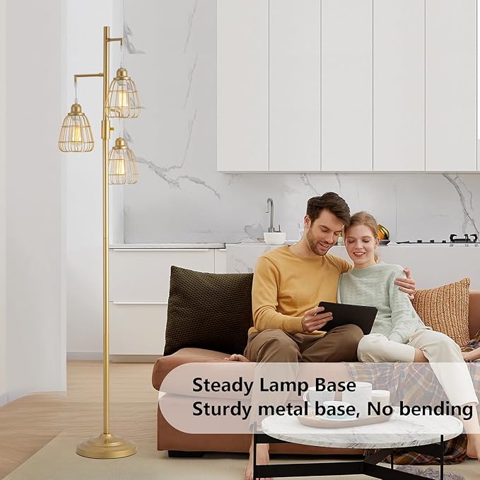 9MMML Gold Dimmable Floor Lamp,Industrial Farmhouse Tall Standing Floor Lamp for Living Room, Bedroom, Corner,Office,Gold 3 Teardrop Cage Lampshade,68”Height,3 LED Bulb Included