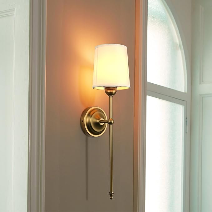 Antique Finish Sconce Wall Lighting Fixture with White Fabric Shade, E26 Hardwired Indoor 1-Light Wall Mounted Lamp for Living Room Bedside Nightstand Light Vanity Bathroom