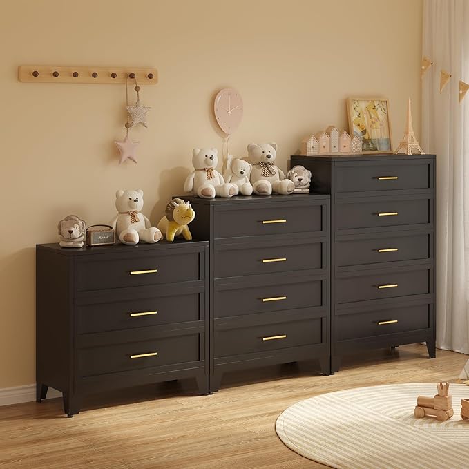 34.25" Tall Metal Dresser for Bedroom, 3 Drawer Black File Cabinet with Gold Handles, Dressers Chests with Fluted Panel, Vertical Drawer Storage Cabinet for Living Room, Entryway, Hallway