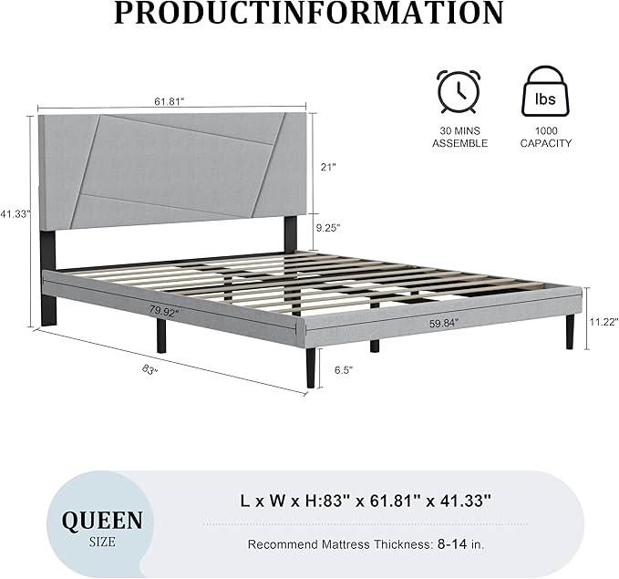 Queen Size Bed Frame, Queen Platform Bed Frame with Fabric Upholstered Headboard, Geometric Pattern, Sturdy Frame and Slats, Noiseless, No Springs Required, Easy to Assemble，Light Gray