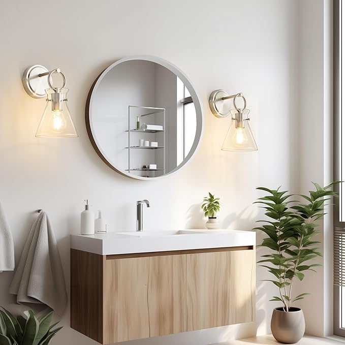 Wall Sconce for Bathroom Modern Vanity Light Fixtures Wall Mount Lighting Lamp Farmhouse Wall Lights with 6 Inch Clear Glass Shade for Bedroom Living Room Mirror Kitchen, Brushed Nickel, 1 Pack