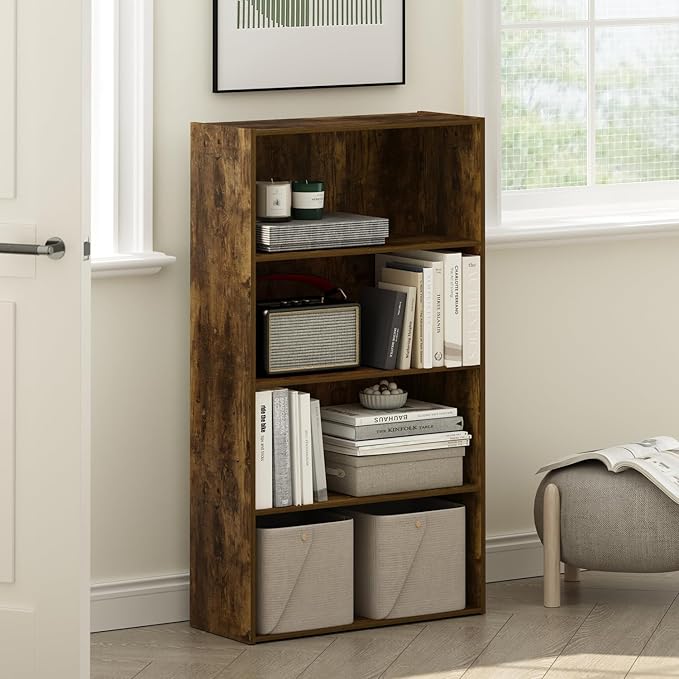 Furinno PASIR Book Shelf, 4-Tier Bookshelf, Bookcase with Open Shelf, 9.4 x 23.6 x 41.7, for Living Room, Bedroom, Home Office, Amber Pine