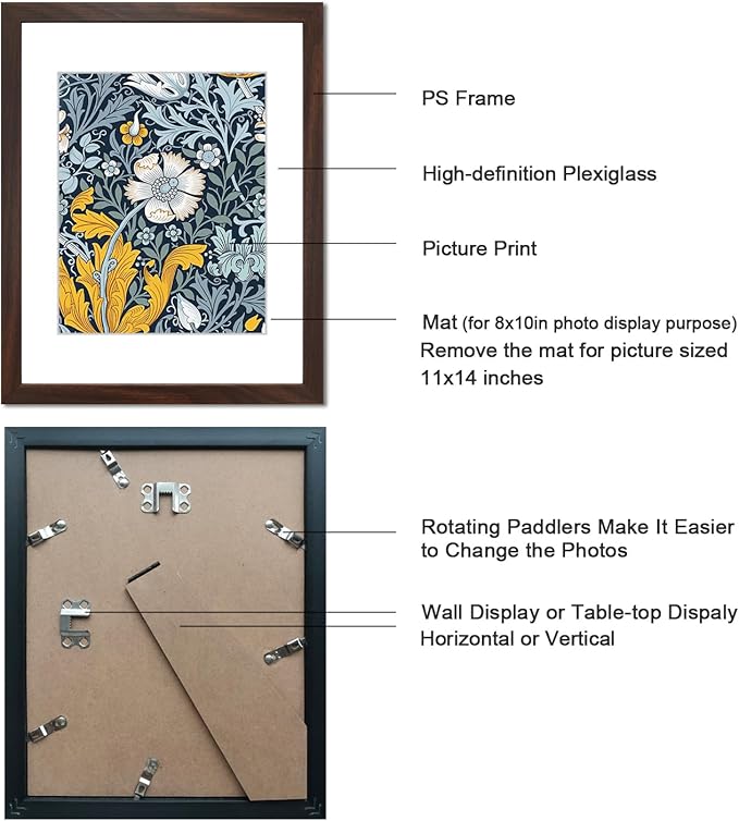 11x14 Picture Frame Set of 9 for Pictures 8x10 with Mat or 11x14 Without Mat, Wall or Tabletop Gallery Photo Frames Walnut