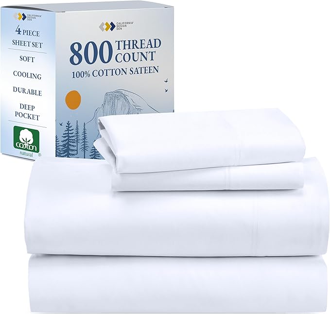 California Design Den Luxury 800 Thread Count 100% Cotton Sheets for Queen Size Bed - Soft Sateen,Deep Pockets with Anti Skid Elastic for a Snug Fit, Cool & Durable Bedding Set - White Sheets