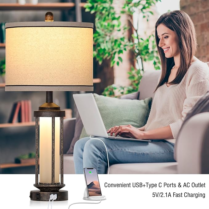 27" Farmhouse Industrial Table Lamps, Vintage Rustic Retro Beside Lamps with USB A+C Charging Ports & AC Outlet, Modern Nightstand Lamps with Glass LED Night Light for Living Room Bedrooms End Table