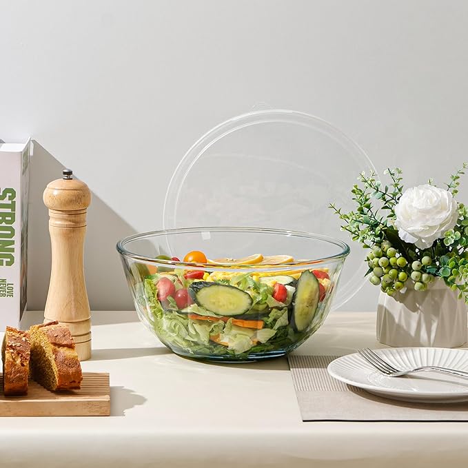 NUTRIUPS 4.7 Quart Large Glass Mixing Bowl with Lid, Deep Big Glass Bowl Large Salad Bowl (White-A)