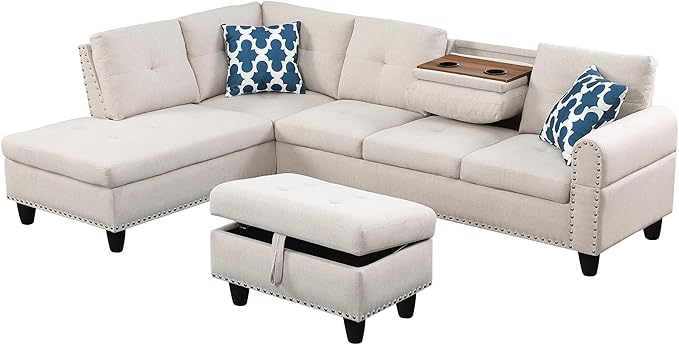 98 Inch L Shaped Sectional Sofa with Chaise Lounge, Storage Ottoman and 2 Pillows, 4-Seaters Linen Upholstered Tufted Couch w/Cupholder & Nailhead Trim for Living Room, Office, Beige