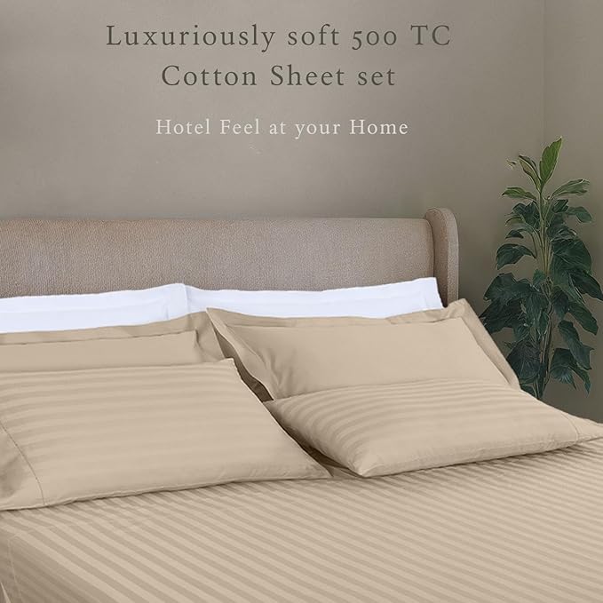 Threadmill 500 Thread Count Full Size Damask Stripe 4 Pc Luxury Cotton Sheet Set, Breathable Light Beige Sheets with 16" Elasticized Deep Pocket, 2 Pillowcases & Free Tote Bag