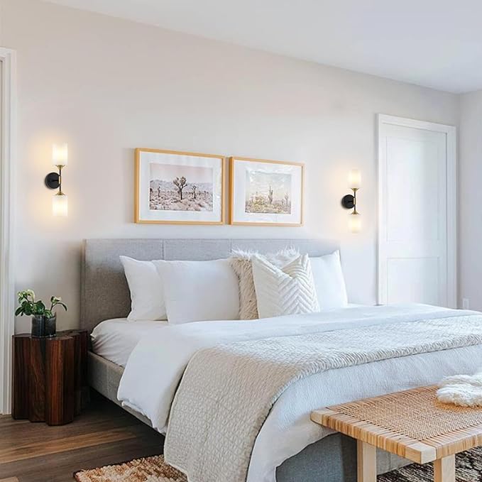 Industrial Mid Century Wall Sconce 2-Lights with White Cylinder Glass Shades Modern Bathroom Vanity Wall Lamp Matte Black and Gold Brushed Brass Finished Wall Light Fixture