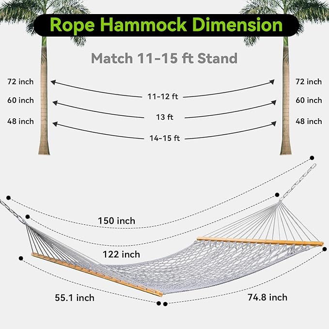 Double Hammock for 2 Person, Handwoven Cotton Rope Hammock with Spreader Bar Without Stand - Indoor & Outdoor Use for Patio, Poolside, Backyard (Grey)