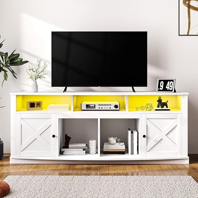 DWVO TV Stand for 75/80 Inch TV, Entertainment Center, LED Light Media Console, TV Cabinet with Barn Doors and Power Outlet for Living Room, White