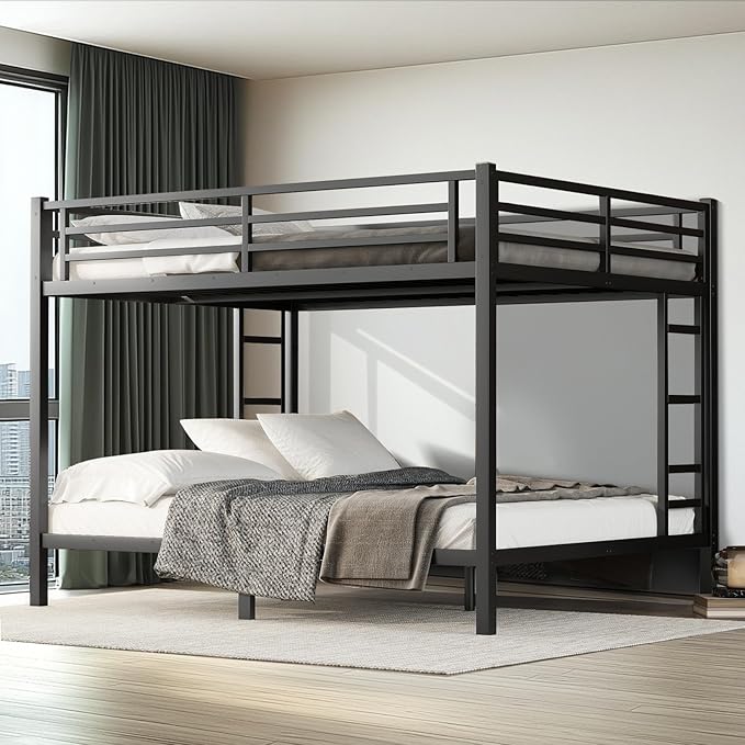 Queen Over Queen Bunk Bed Frame, Heavy Duty Metal Loft Bed for Adults/Teens, 400/600LB Capacity w/Ladder & Guardrail, Noise-Free Steel Slats, No Box Spring Required, Black