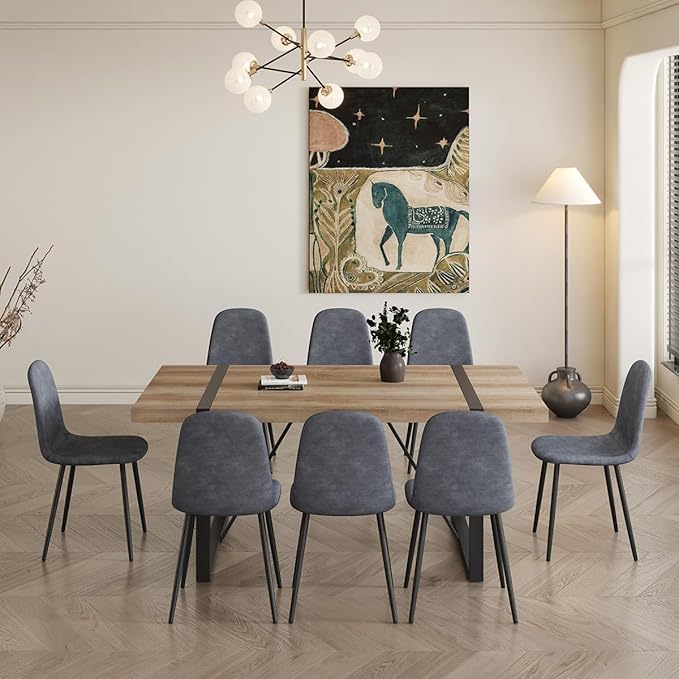 Dining Table Set for 8，9 Piece Dining Table Set，71'' Kitchen Table and Suede Nap Fabic Chairs Set of 8，for Kitchen Dining Room