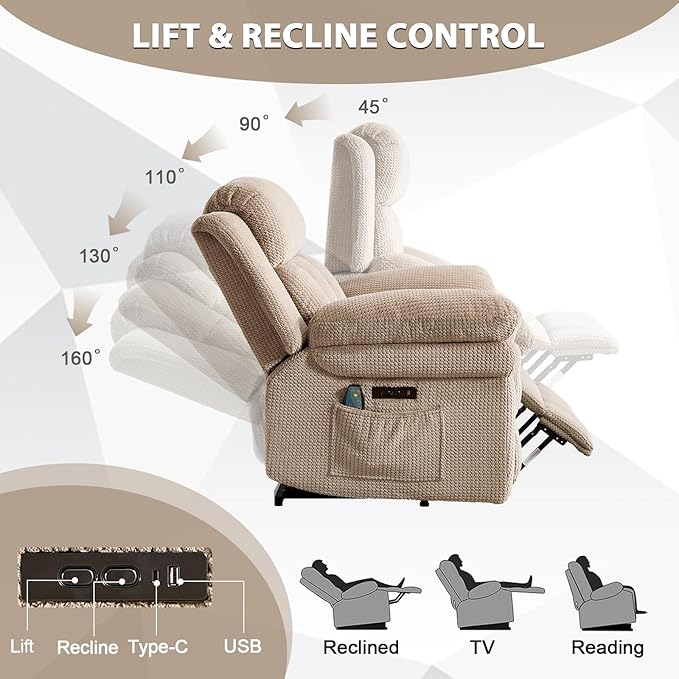 CANMOV 46" Wide Oversize Power Lift Recliner Chair, Extra Large Electric Lift Recliners for Elderly Big, Stand Up Recliner Chair with Massage and Heat, USB and Type-C Ports, Light Brown