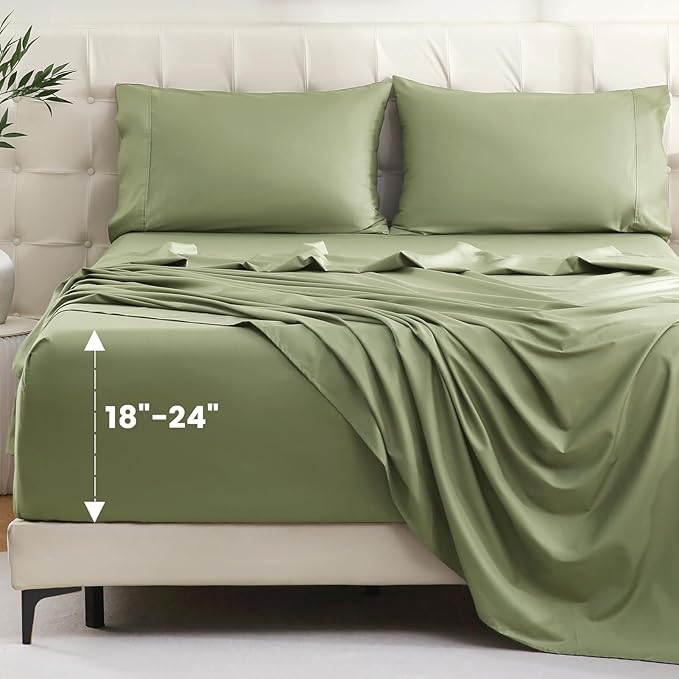 Bedlifes California King Sheet Set, Extra Deep Pocket 18-24 Inches, 1000Thread Count 100% Egyptian Cotton, Soft and Breathable 4-Piece,Olive Green