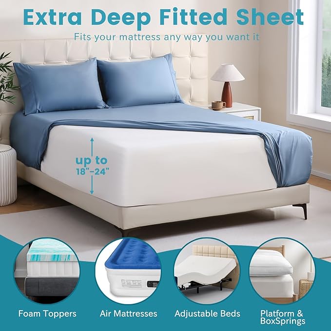Bedlifes California King Sheet Set, Extra Deep Pocket 18-24 Inches, 1000Thread Count 100% Egyptian Cotton, Soft and Breathable 4-Piece,Mineral Blue