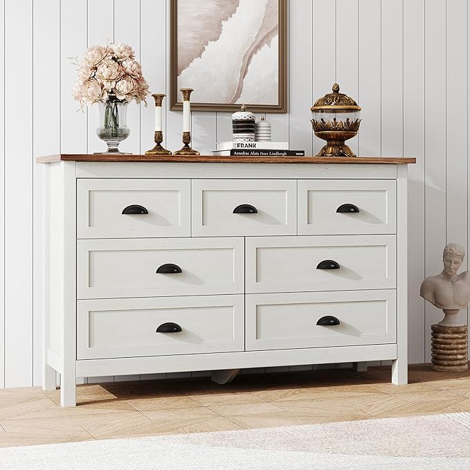 Farmhouse White Dresser for Bedroom, Wide Wood Dressers & Chests of Drawers with Vintage Black Handle, 7 Drawer Dresser for Bedroom Hallway, Entryway, Antique White