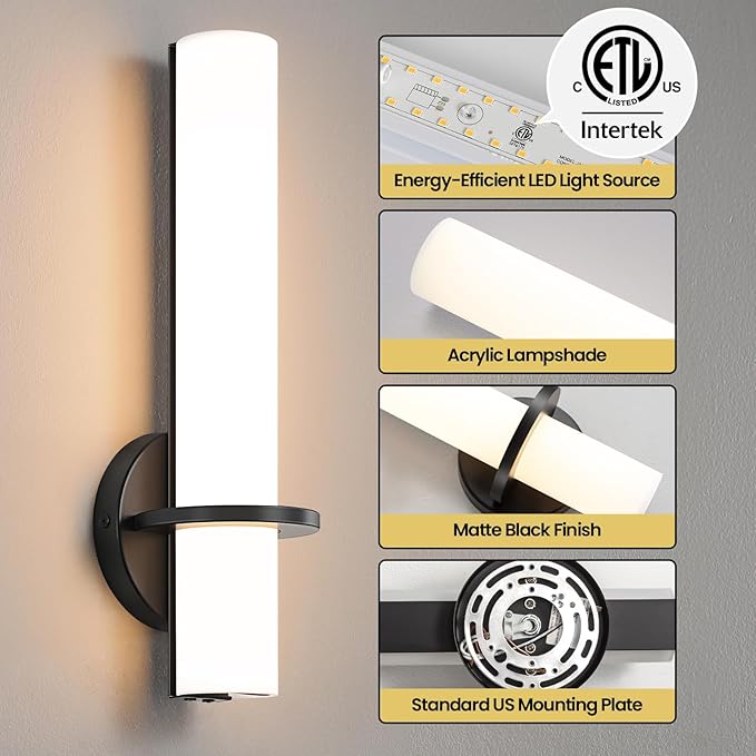 Wall Sconce Light - 15 inch Modern Black Bathroom Light Fixtures Wall Sconces Set of Two Dimmable LED Sconce Lighting, 15W 3000K Wall Light with Acrylic Shade for Bedroom Stairway Living Room