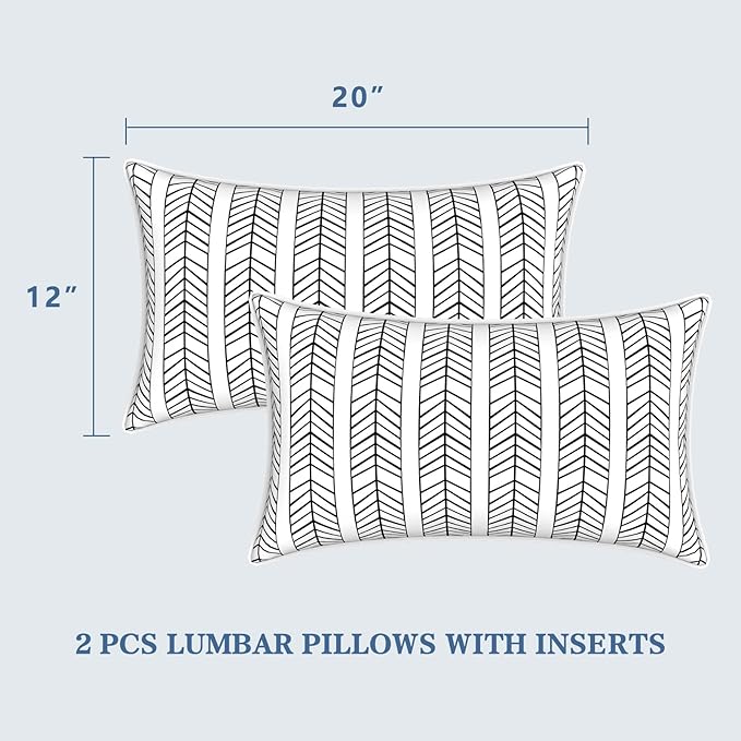 LVTXIII Set of 2 Outdoor Lumbar Pillows for Patio Furniture with White Piping, 12"x20" Fade Resistant Patio Lumbar Pillows with Inserts for Home Coach Sofa Use, Herringbone Black White