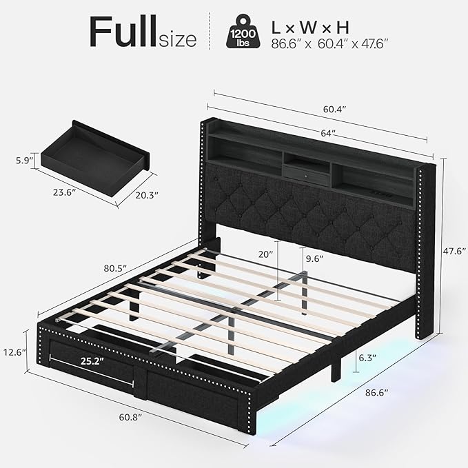 Full Size Bed Frame, Linen Storage Headboard with LED Light & Charging Station, Upholstered Platform Bed with 2 Storage Drawers, Steel Slats Support, No Box Spring Needed, Black